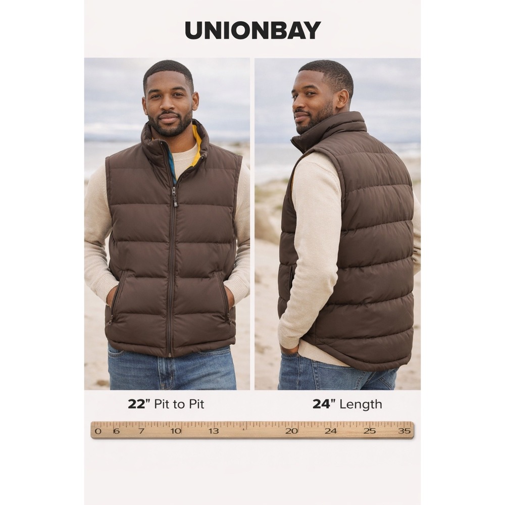 Unionbay Mens Down Puffer‎ Vest Brown Yellow Lining Size Large RN 60307